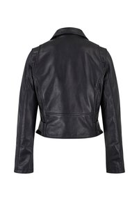 Schwarze Lederjacke mit langen Ärmeln und einem strukturierten Kragen, von hinten auf weißem Hintergrund gezeigt.