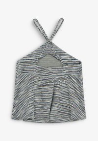 Top a halter lavorato a maglia con strisce multicolori in blu, grigio e viola. Presenta un design triangolare, spalline incrociate e una vestibilità rilassata.