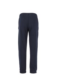 Marineblauwe katoenen sweatpants met een elastische tailleband, taps toelopende pasvorm en ribgebreide boorden. Soepele textuur; minimalistisch ontwerp zonder zakken.