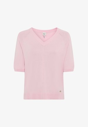 Pink short-sleeve V-neck knit sweater with a smooth texture, ribbed cuffs, and a small logo badge at the hem.