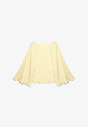 Gelbe, plissierte Bluse mit langen Ärmeln, ausgestellten, weiten Ärmeln und rundem Ausschnitt, flach auf weißem Hintergrund präsentiert.