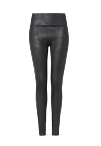 Schwarze Leggings aus Kunstleder mit hohem Bund, tailliertem Schnitt, glatter Textur und nahtloser Verarbeitung, geeignet für Freizeit- oder Sportbekleidung.