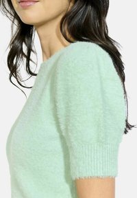 Šviesiai žalia megzta palaidinė, pasižyminti švelnia, pūkuota tekstūra, trumpomis pūkuotomis rankovėmis ir raštuotais rankogaliais.