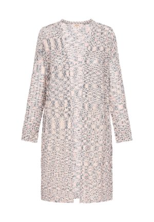 Kleid bis zum Knie aus strukturiertem Strickstoff. Buntes Muster in Pink, Grau und Off-White. Runder Hals und lange Ärmel, seitliche Schlitz.