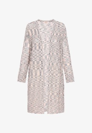 Kleid bis zum Knie aus strukturiertem Strickstoff. Buntes Muster in Pink, Grau und Off-White. Runder Hals und lange Ärmel, seitliche Schlitz.