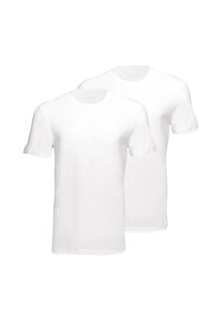 To til almindelige hvide bomulds t-shirts med rund hals og korte ærmer, der har en glat struktur og ingen synlige mønstre eller detaljer.