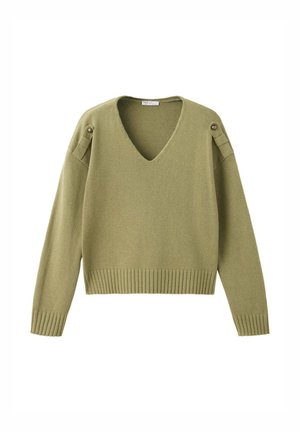 Olivgrüner Strickpullover mit V-Ausschnitt, langen Ärmeln, gerippten Bündchen und Saum sowie geknöpften Schulterlaschen.