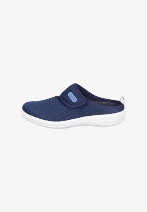 Navy blue slip-on mesh shoe with adjustable Velcro strap and white textured sole, designed for casual comfort.
