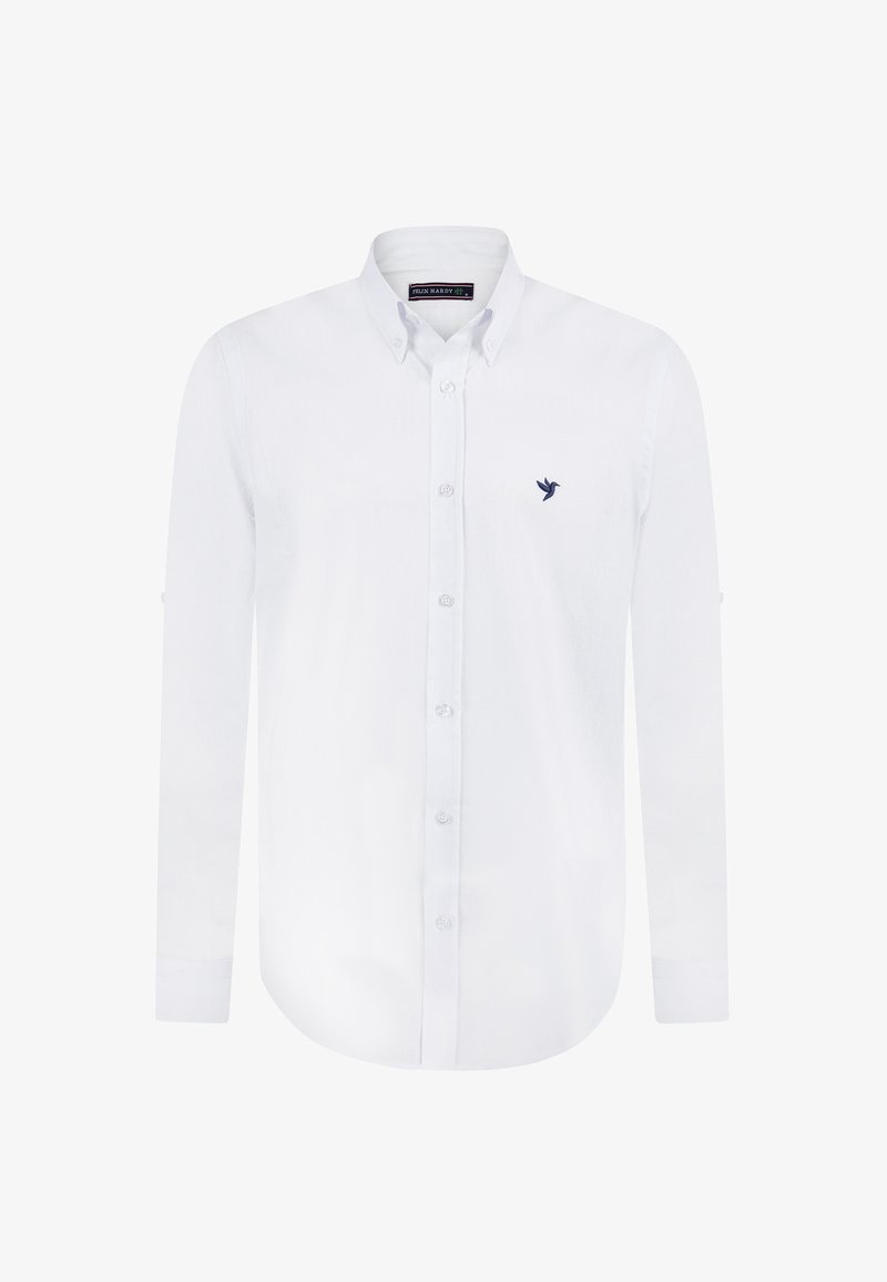 Witte button-up shirt met lange mouwen, lichtgewicht stof, ronde zoom en een marineblauw vogel logo op de linkerkant van de borst.