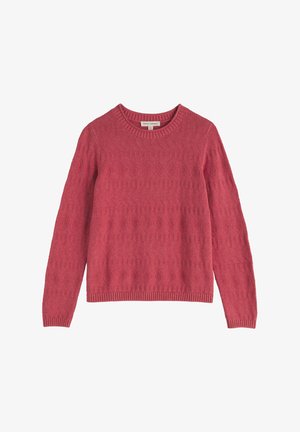Long-sleeve crewneck sweater in dusty rose with textured knit patterns and ribbed cuffs and hem.