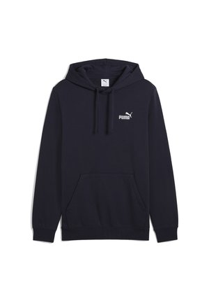 Svart Puma-hoodie med framficka, snörning i huvan och vit Puma-logotyp på bröstet.