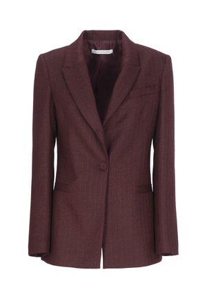 Blazer su misura bordeaux con sottili righe, chiusura a un bottone, revers a punta e taschino sul petto. Finitura in tessuto liscia.