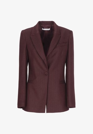 Blazer su misura bordeaux con sottili righe, chiusura a un bottone, revers a punta e taschino sul petto. Finitura in tessuto liscia.
