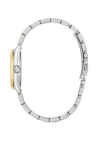 Montre en acier inoxydable argenté et doré avec un boîtier rectangulaire, une lunette lisse et un bracelet à maillons. Fini poli avec des accents subtils.