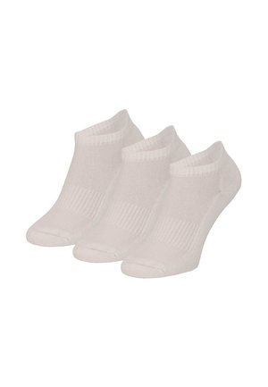 Three pairs of plain white ankle socks arranged side by side on a white background.