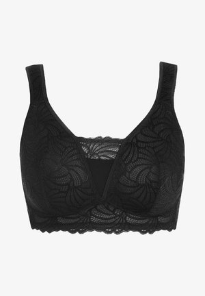 Black lace bralette with soft cups, wide straps, and scalloped edges; features a floral pattern and a deep V neckline for added design detail.