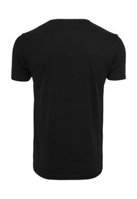 Sort t-shirt lavet af bomuld, kortærmet, rund halsdesign, glat tekstur og en ensfarvet bagside uden synlige logoer eller mønstre.