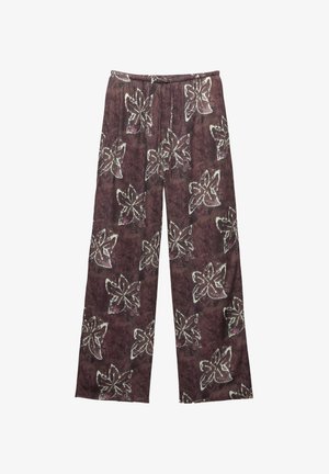 Široké kalhoty z tmavě fialové látky s velkými bílými květinovými vzory. Elastický pas s šňůrkou pro nastavitelnou velikost.