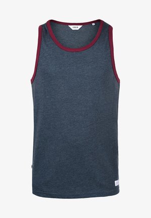 Férfi atlétatrikó sötétkék pamut anyagból, bordó bordás nyakkivágással és karöltőkkel, az alján bal oldalon egy kis márka címkével.