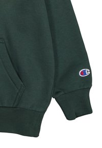 Felpa con cappuccio verde scuro, con polsini e orlo a costine, dotata di tasca a marsupio e un piccolo logo ricamato sulla manica sinistra.