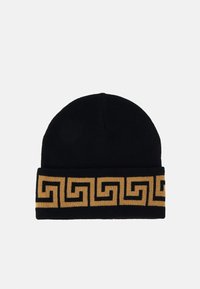 Black knitted beanie featuring a folded cuff with a gold Greek key pattern. Soft texture, snug fit, and classic design.