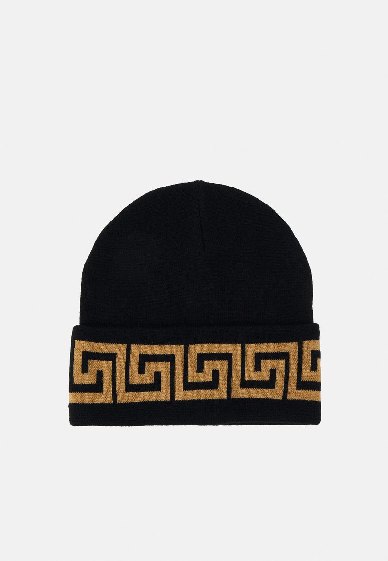 Black knitted beanie featuring a folded cuff with a gold Greek key pattern. Soft texture, snug fit, and classic design.
