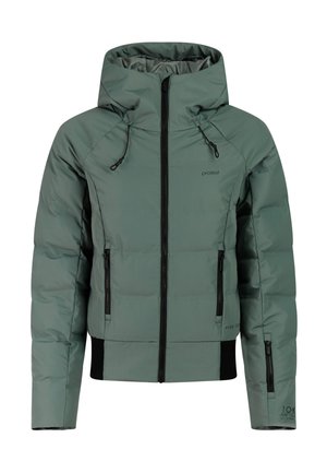 Grüne gesteppte Jacke mit Kapuze, zentralem Reißverschluss, zwei vorderen Reißverschlusstaschen, verstellbaren Kapuzenkordeln und schwarzen Akzenten an Bündchen und Saum.