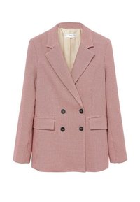 Kaksirivinen bleiseri punavalkoisessa ruutukuviossa, jossa on lovellinen kaulus, kaksi etutaskua ja mustat napit edessä.