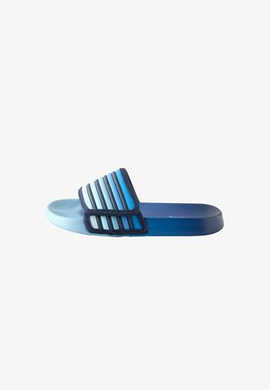 Le ciabatte blu presentano una fascia testurizzata con dettagli a coste, una suola curva e liscia, e un effetto sfumato che va dal blu chiaro al blu scuro.