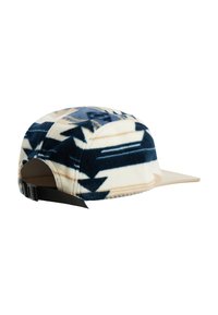 Fleece cap featuring a geometric pattern in navy blue, cream, and light brown, with a flat brim and adjustable black strap at the back.