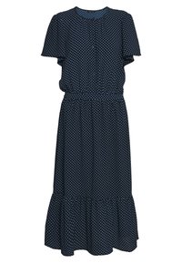 Námořnické modré midi šaty s bílými puntíky, krátké rukávy, zapínání na knoflíky vpředu, přiléhavý pas a volánový lem.