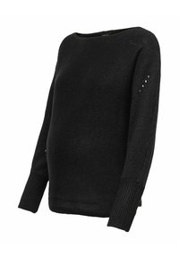 Maglione nero lavorato a maglia con vestibilità ampia, scollatura larga e maniche lunghe caratterizzate da piccoli fori vicino ai polsini. Tessuto strutturato.
