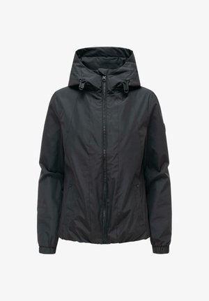 Giacca nera con cappuccio e zip, con coulisse regolabili, maniche lunghe, polsini elasticizzati e tasche frontali.