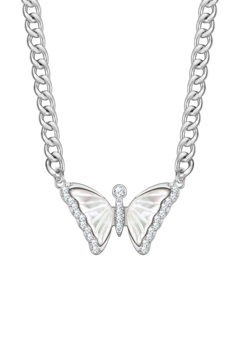 Collana con pendente a forma di farfalla in argento con accenti di cristallo e finitura in madreperla texturizzata. Maglie della catena spesse si collegano al pendente.