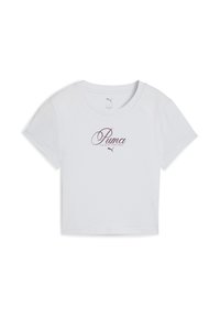 Hvid cropped T-shirt lavet af bomuld med korte ærmer, præget af et bordeauxfarvet "Puma" logo og teksten "Forever Fearless" i kursiv.