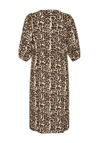 Vestido de estampado de leopardo en beige y negro, con escote redondo, mangas cortas abullonadas y cintura elástica para un ajuste relajado.