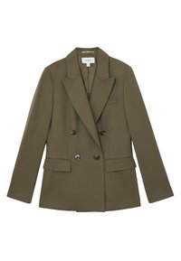 Blazer doppiopetto verde oliva con rever a incavo, quattro bottoni, due tasche con pattina e una tasca a filetto sul petto.