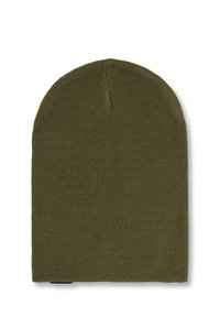 Strikket beanie i olivengrøn, med et sømløst design, rund top og blød tekstur, velegnet til hverdagens brug.