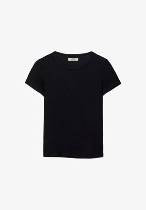 Schwarzes kurzärmeliges T-Shirt aus weichem Stoff. Mit klassischem Rundhalsausschnitt und lockerer Passform. Keine Muster oder Akzente sichtbar.