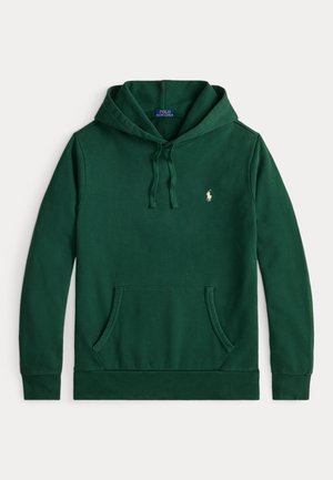 Sweatshirt verde com bolsos canguru, capuz com cordão e pequeno logo bordado no peito. Feito de tecido de algodão suave.