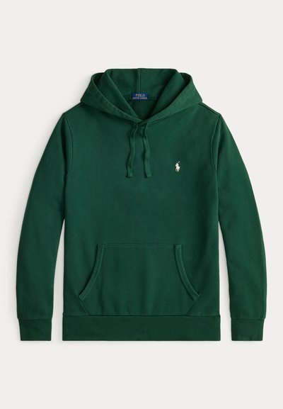 Sweatshirt verde com bolsos canguru, capuz com cordão e pequeno logo bordado no peito. Feito de tecido de algodão suave.