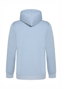 Lichtblauwe hoodie van een soepele katoenmix, met een ruime capuchon, lange mouwen en ribbelboorden en -zoom. Eenvoudig, effen ontwerp.
