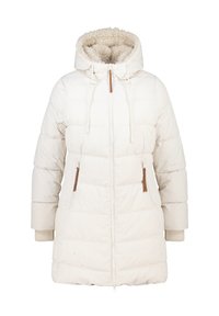 Witte pufferjack met een pluche capuchon, trekkoord met toggels, zijzakken met rits en bruine accenten, en ribgebreide mouwen. Vierkant gewatteerd patroon door het hele jack.