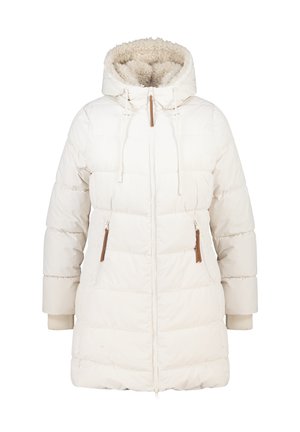 Doudoune blanche avec une capuche en peluche, cordon de serrage à bascule, poches zippées sur les côtés avec des accents marron et poignets côtelés. Motif matelassé carré sur l'ensemble.