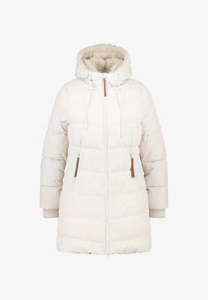 Doudoune blanche avec une capuche en peluche, cordon de serrage à bascule, poches zippées sur les côtés avec des accents marron et poignets côtelés. Motif matelassé carré sur l'ensemble.