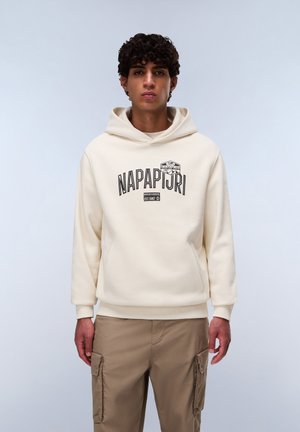 Cream hoodie with a kangaroo pocket, featuring black "NAPAPIJRI" text and logo. Made from soft material, with ribbed cuffs and hem.