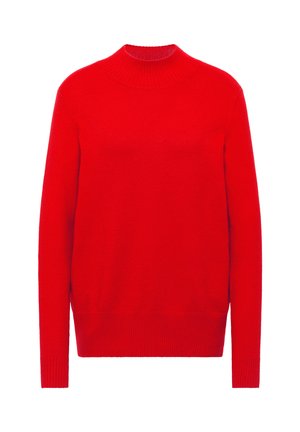 Maglione rosso lavorato a maglia con collo alto, maniche lunghe e polsini e orlo a coste. Texture morbida, colore uniforme e design semplice.
