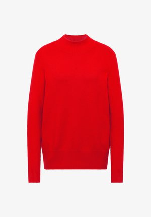 Maglione rosso lavorato a maglia con collo alto, maniche lunghe e polsini e orlo a coste. Texture morbida, colore uniforme e design semplice.