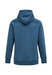 Felpa con cappuccio in tessuto blu scuro, con una vestibilità regolare, polsini e orlo a coste. Il retro ha una texture liscia.