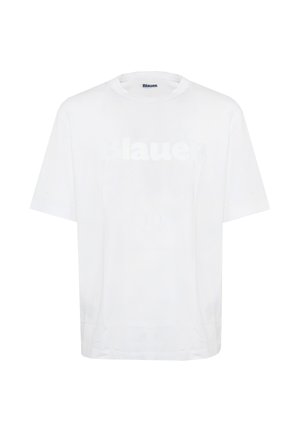 T-shirt bianca a maniche corte con un logo "Blauer" tenue stampato sul petto e scollo rotondo.